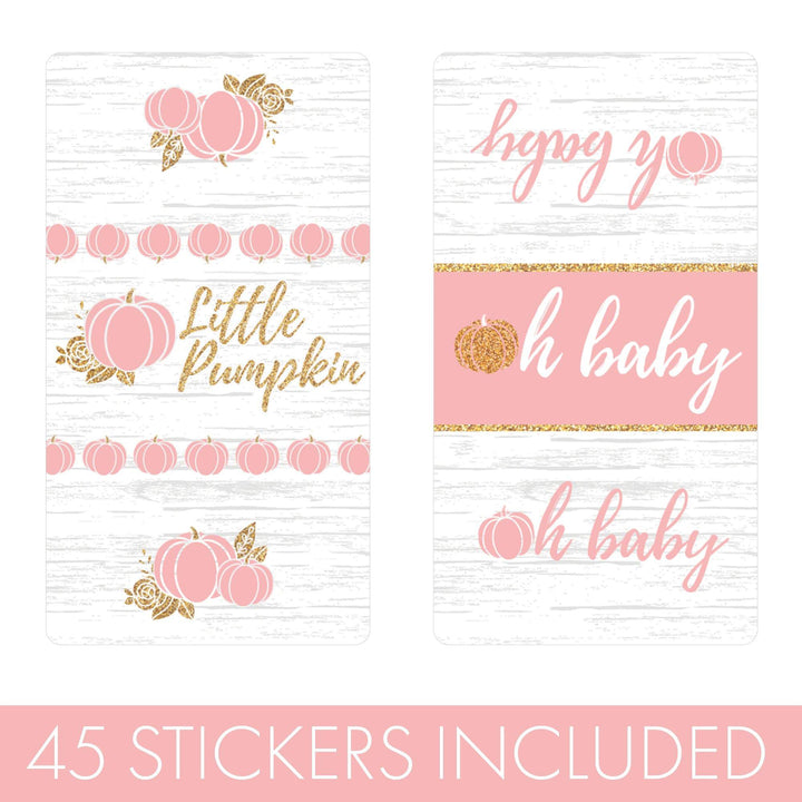 Little Pumpkin: Pink & Gold - Baby Shower - Mini Candy Bar Wrappers-  Fall, Girl  - 45 Stickers