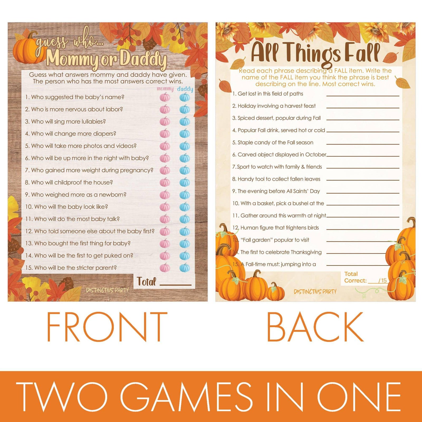 Little Pumpkin: Rustic Orange - Baby Shower Game - "Guess Who" Mommy or Daddy and All things Fall Party Activity - Two Game Bundle -  20 Dual Sided Cards - Distinctivs Party