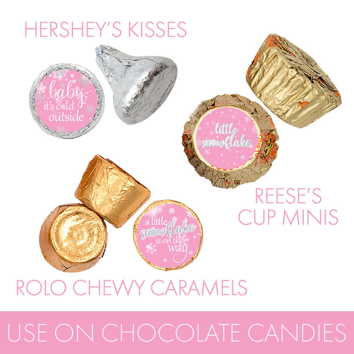 Copo de nieve pequeño: rosa - Pegatinas para regalos de baby shower de invierno - Se adapta a los besos de Hershey® - Niña - Bebé hace frío afuera - 180 pegatinas