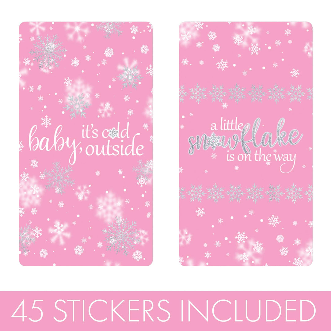 Little Snowflake: Pink -  Winter Baby Shower Mini Candy Bar Wrappers - Fits on Hershey® Miniatures -  Girl - Baby It's Cold Outside - 45 Stickers - Distinctivs Party