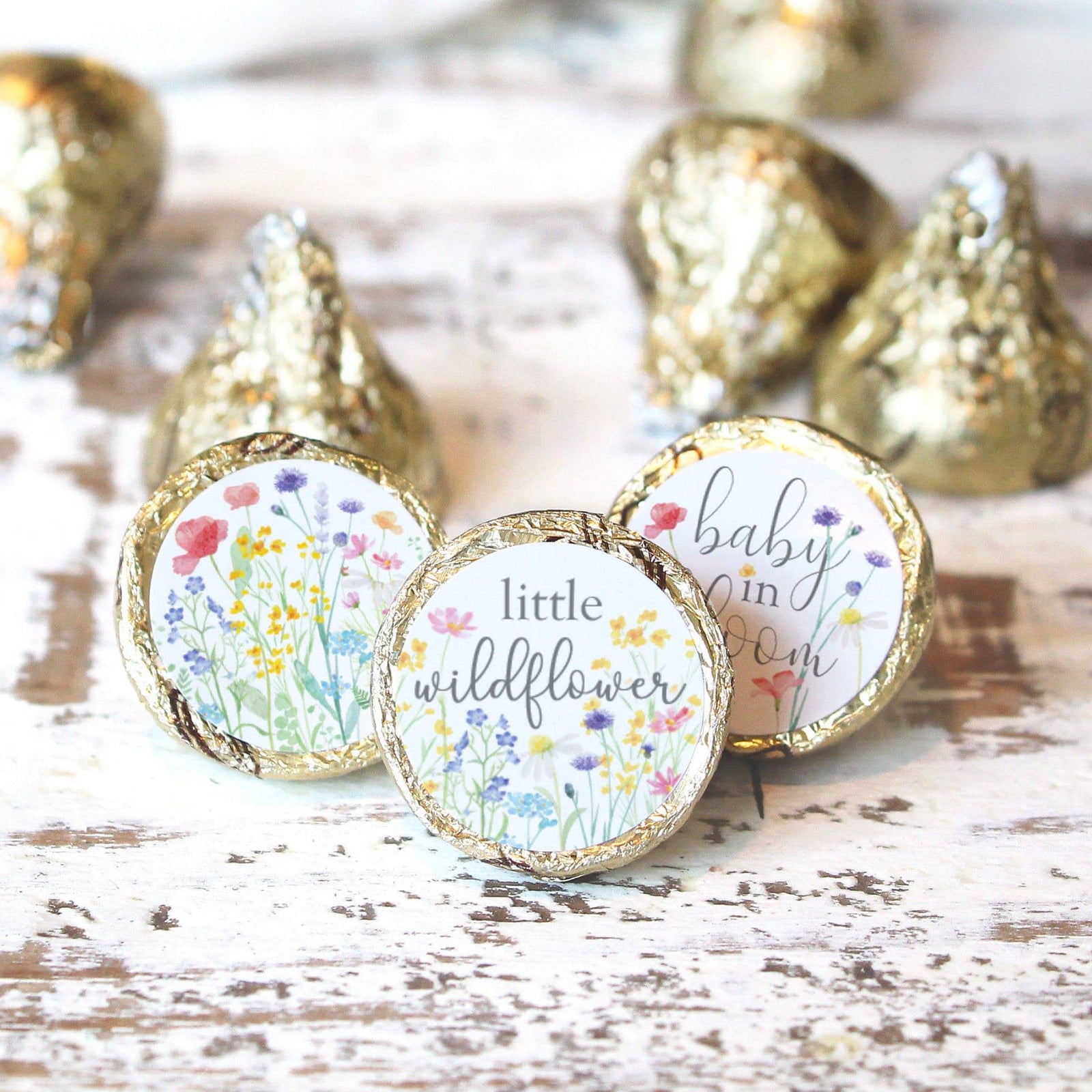 Little Wildflower: Baby Shower for Girl Kisses Candy Stickers - Spring -  180 Floral Party Favor Stickers - Distinctivs Party