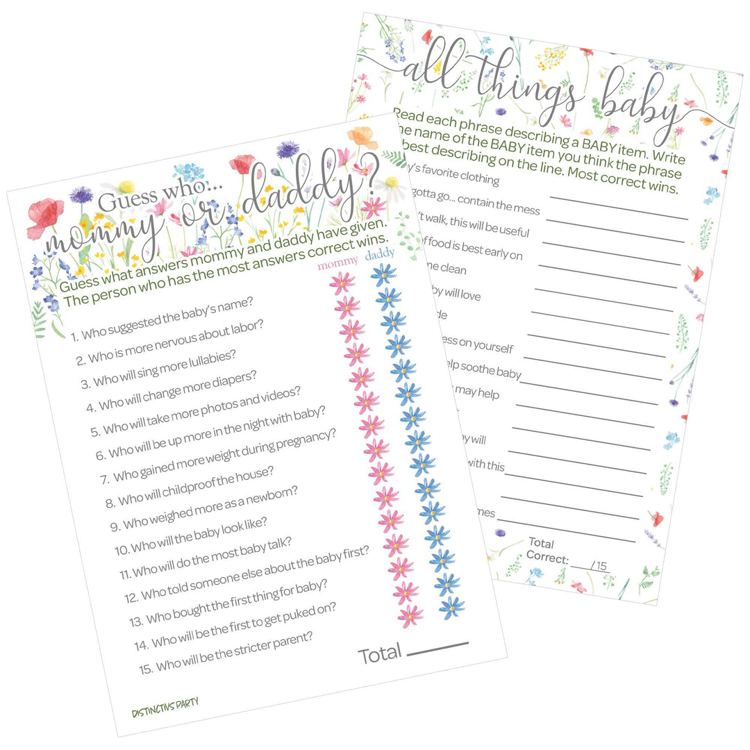 Little Wildflower: Baby Shower Game - All Things Baby and "Guess Who" - Two Game Bundle - Girl, Spring - 20 Dual-Sided Game Cards - Distinctivs Party