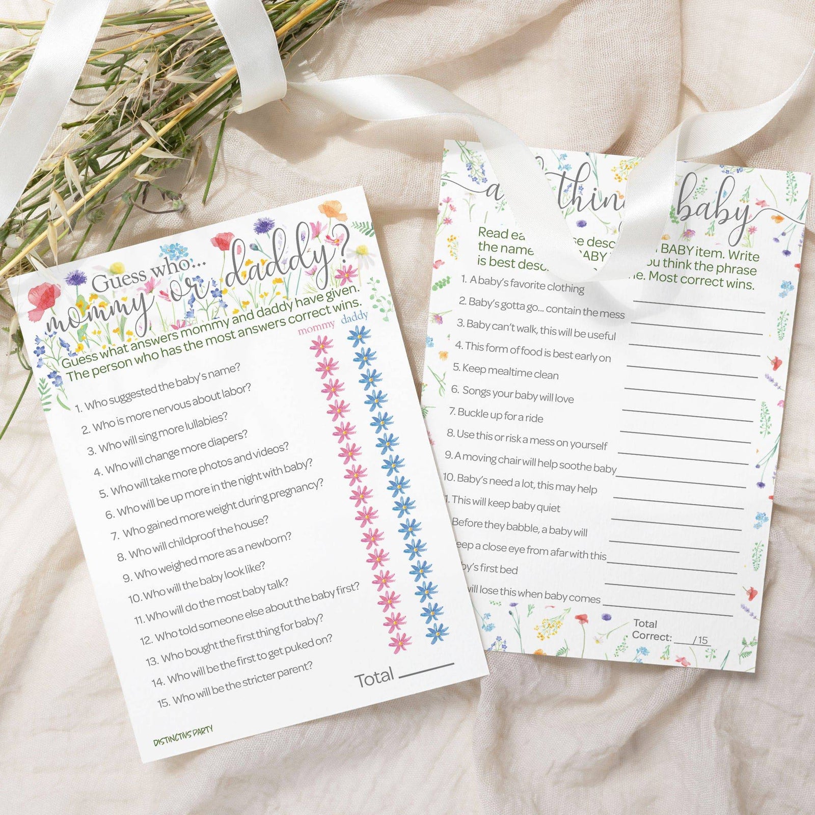 Little Wildflower: Baby Shower Game - All Things Baby and "Guess Who" - Two Game Bundle - Girl, Spring - 20 Dual-Sided Game Cards - Distinctivs Party