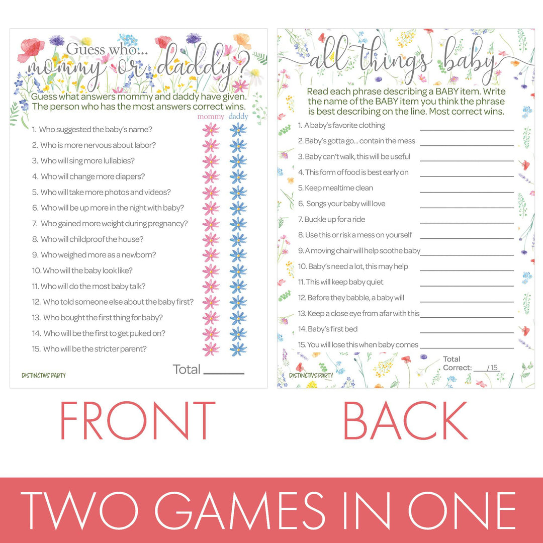 Little Wildflower: Baby Shower Game - All Things Baby and "Guess Who" - Two Game Bundle - Girl, Spring - 20 Dual-Sided Game Cards - Distinctivs Party