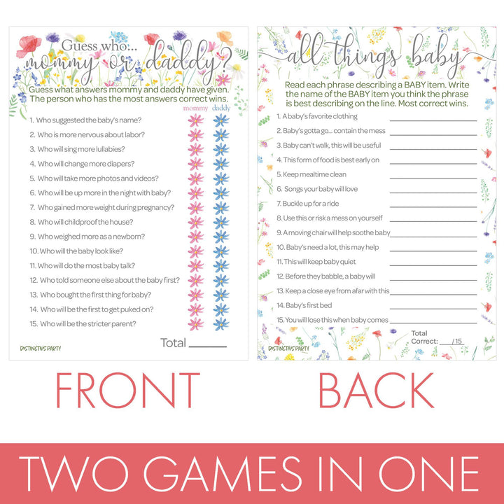 Little Wildflower: Baby Shower Game - All Things Baby and "Guess Who" - Two Game Bundle - Girl, Spring - 20 Dual-Sided Game Cards - Distinctivs Party