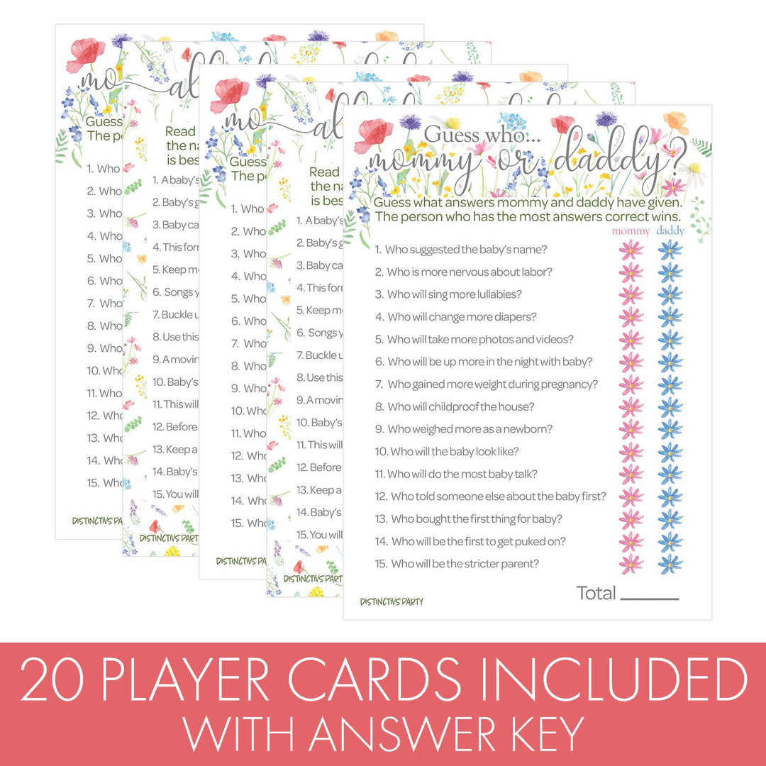 Little Wildflower: Baby Shower Game - All Things Baby and "Guess Who" - Two Game Bundle - Girl, Spring - 20 Dual-Sided Game Cards - Distinctivs Party