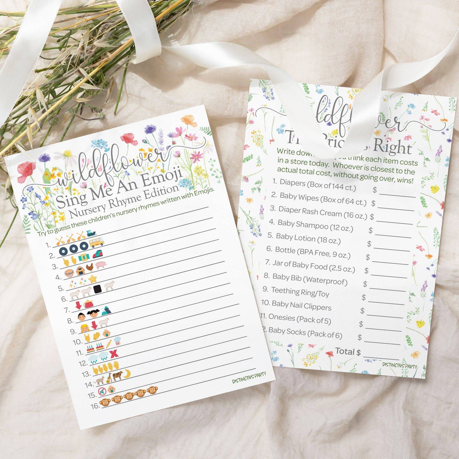 Little Wildflower: Baby Shower Game - Emoji Guessing Game and Price is Right Baby Shower - Two Game Bundle -  Girl, Spring -20 Dual-Sided Game Cards - Distinctivs Party