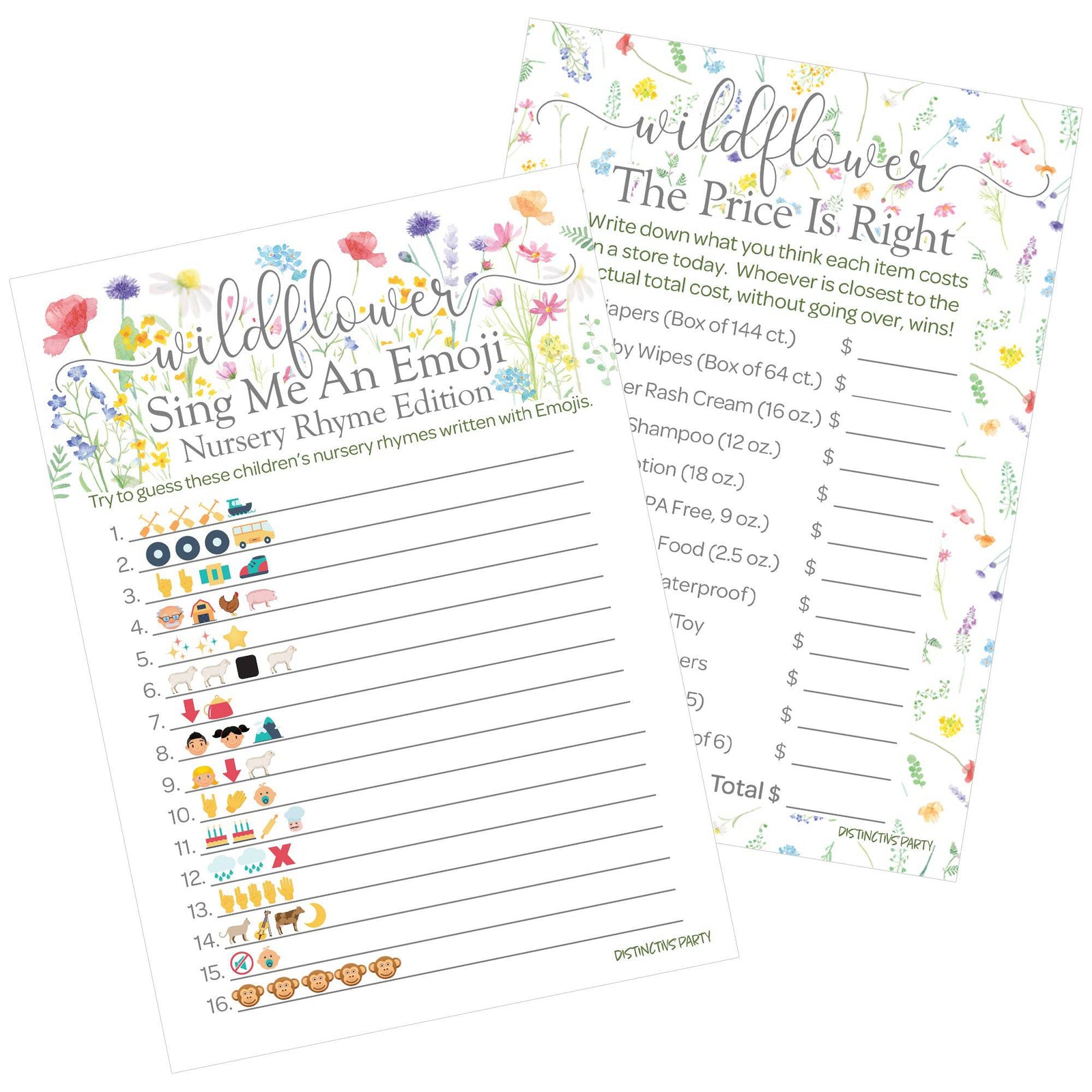 Little Wildflower: Baby Shower Game - Emoji Guessing Game and Price is Right Baby Shower - Two Game Bundle -  Girl, Spring -20 Dual-Sided Game Cards - Distinctivs Party
