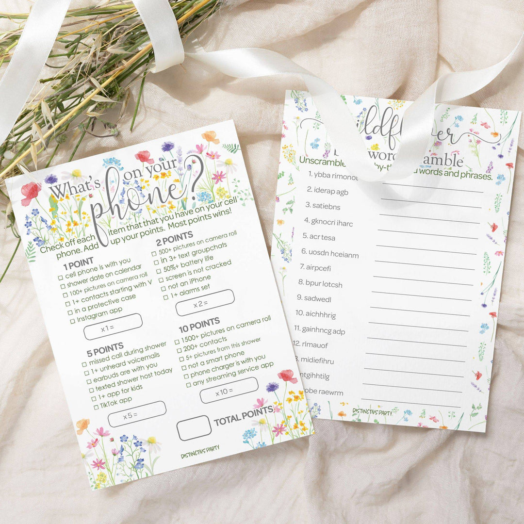 Little Wildflower: Baby Shower Game - What's On Your Phone and Word Scramble Baby Shower - Two Game Bundle -  Girl, Spring - 20 Dual-Sided Game Cards - Distinctivs Party