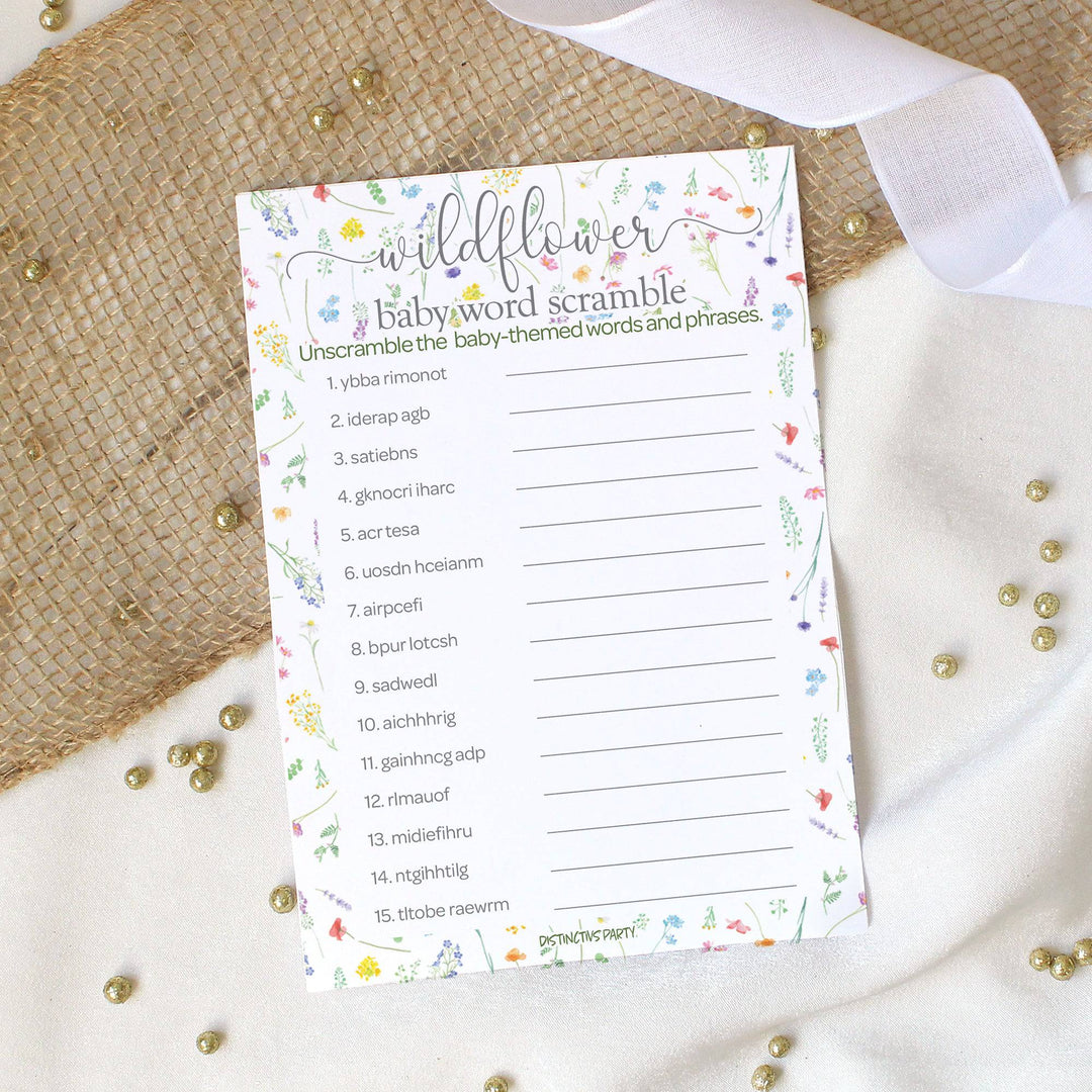 Little Wildflower: Baby Shower Game - What's On Your Phone and Word Scramble Baby Shower - Two Game Bundle -  Girl, Spring - 20 Dual-Sided Game Cards - Distinctivs Party