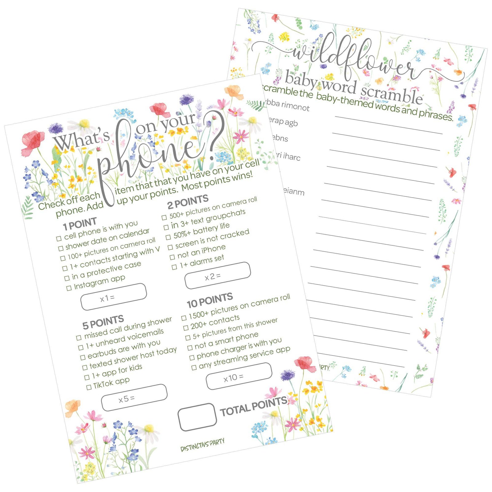 Little Wildflower: Baby Shower Game - What's On Your Phone and Word Scramble Baby Shower - Two Game Bundle -  Girl, Spring - 20 Dual-Sided Game Cards - Distinctivs Party