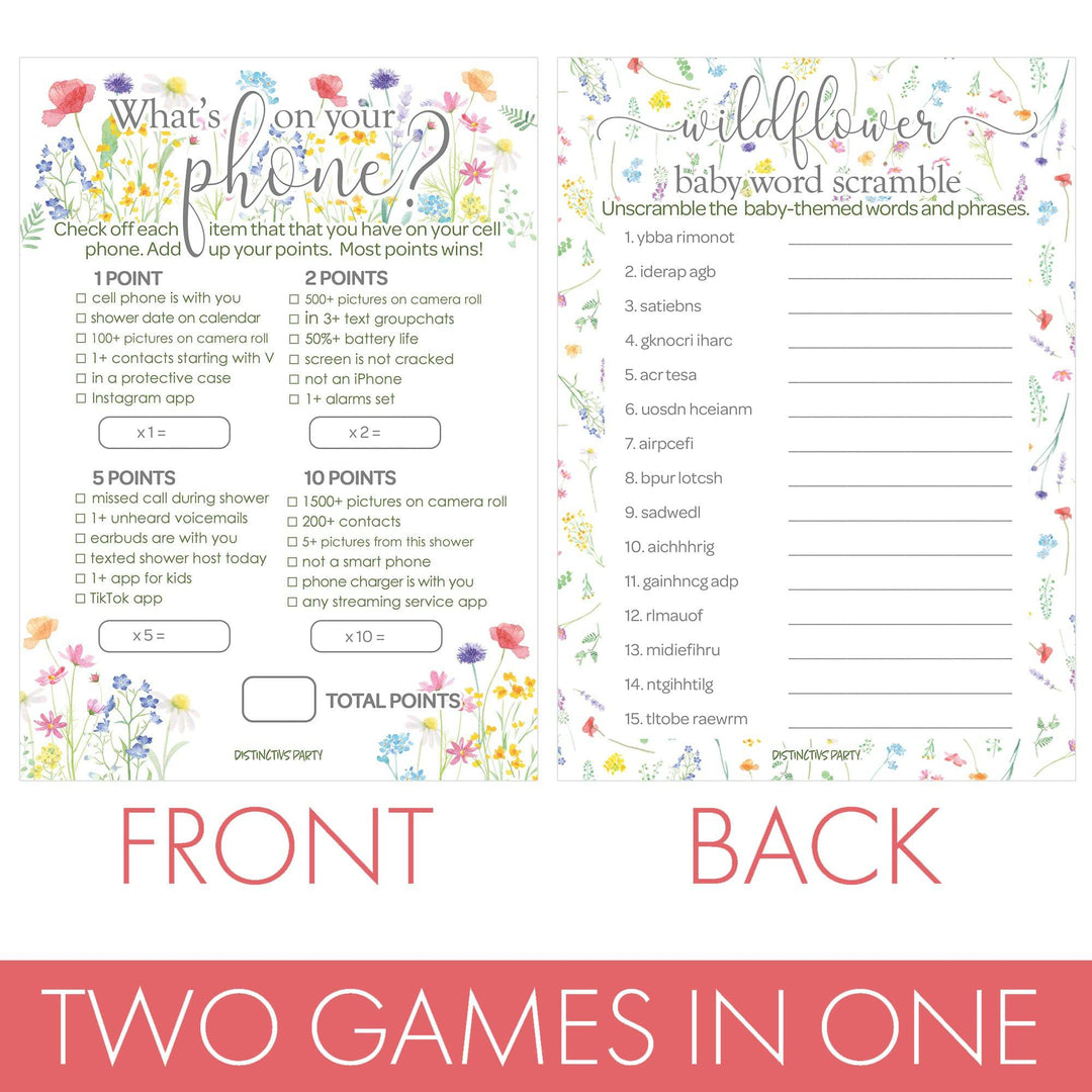 Little Wildflower: Baby Shower Game - What's On Your Phone and Word Scramble Baby Shower - Two Game Bundle -  Girl, Spring - 20 Dual-Sided Game Cards - Distinctivs Party