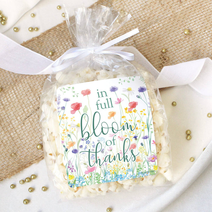 Little Wildflower: Baby Shower Popcorn Bag Stickers | Spring Baby Shower Snack Bag Chip Labels