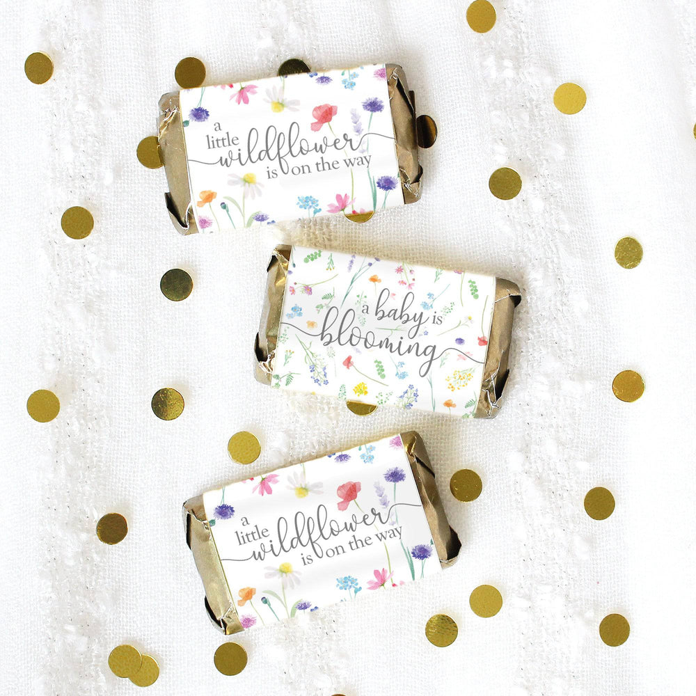 Little Wildflower: Girl's Baby Shower Mini Candy Bar Wrappers - Spring - 45 Party Favor Stickers - Distinctivs Party