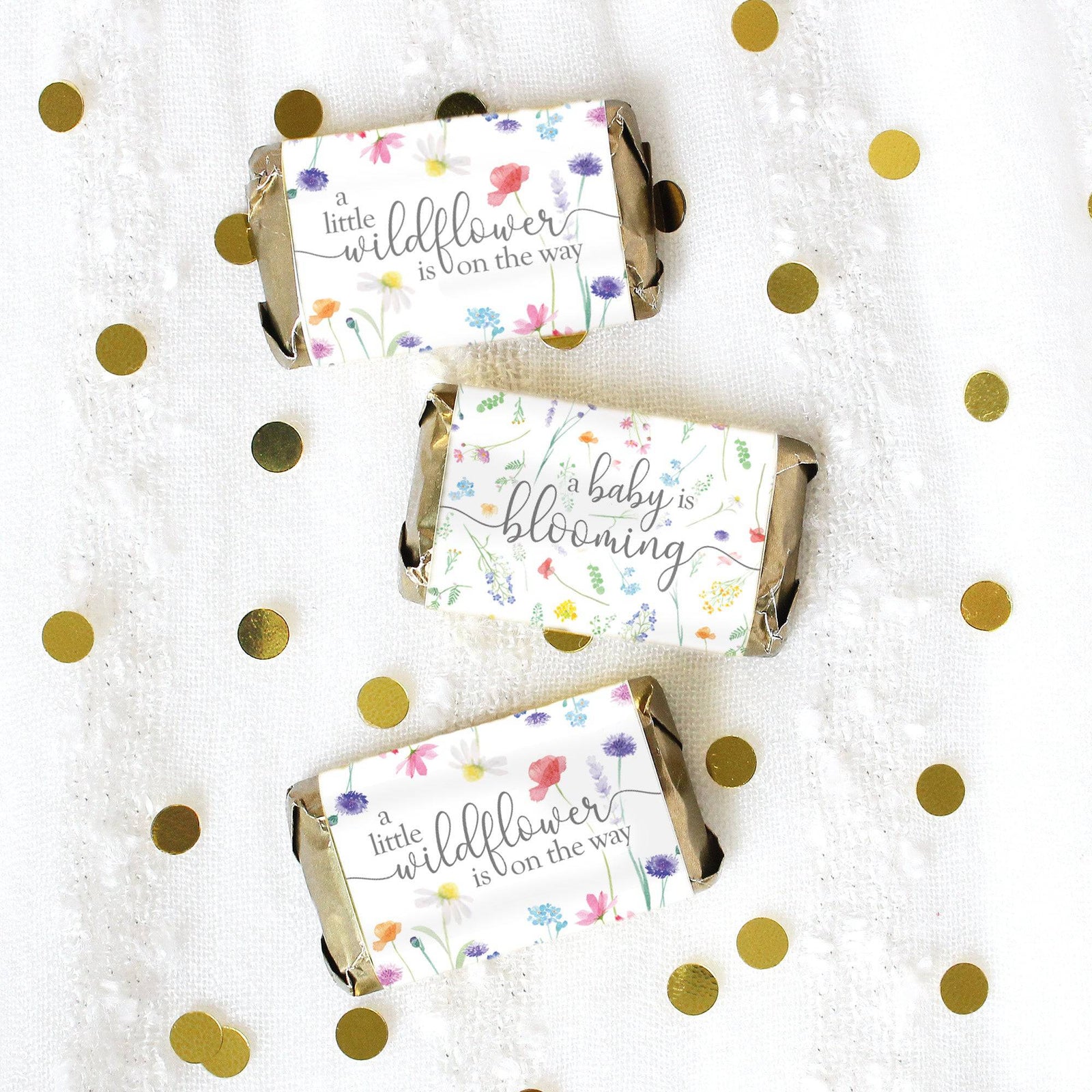 Little Wildflower: Girl's Baby Shower Mini Candy Bar Wrappers - Spring - 45 Party Favor Stickers - Distinctivs Party