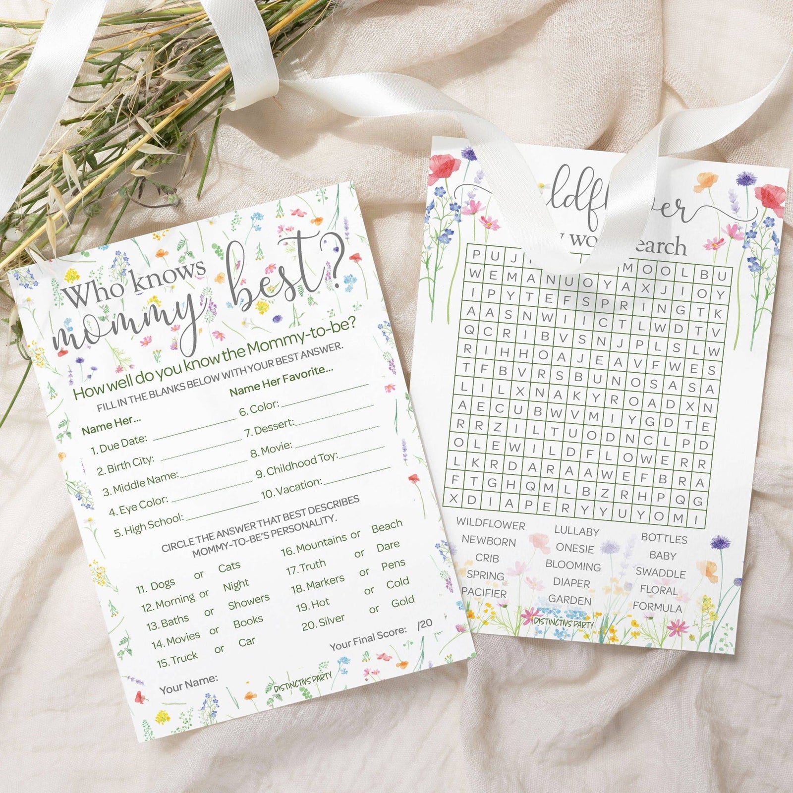 Little Wildflower: Who Knows Mommy Best and Word Search Baby Shower - Two Game Bundle - Girl, Spring - 20 Dual-Sided Game Cards - Distinctivs Party