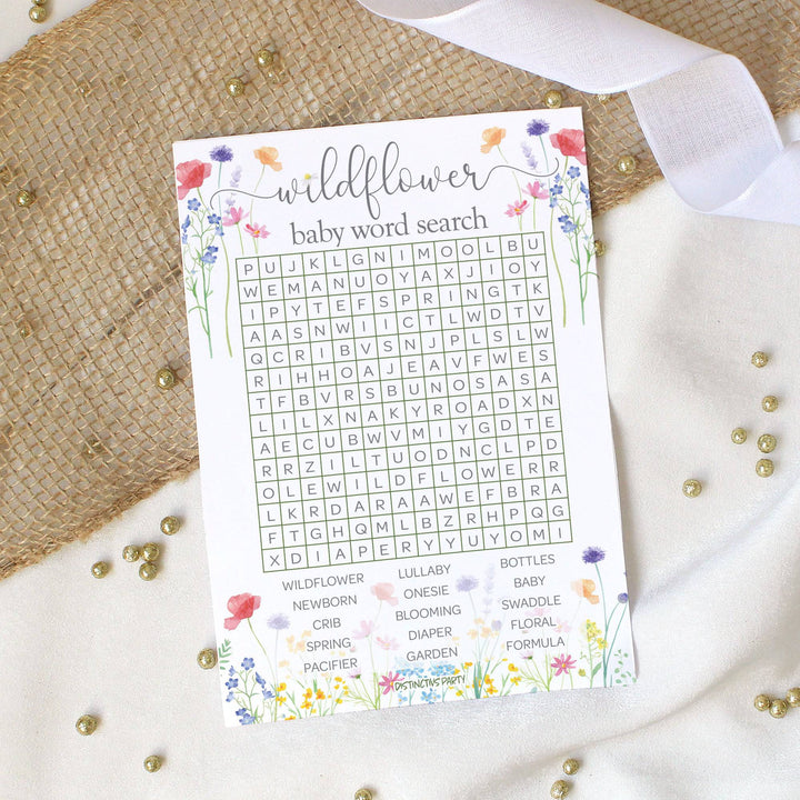 Little Wildflower: Who Knows Mommy Best and Word Search Baby Shower - Two Game Bundle - Girl, Spring - 20 Dual-Sided Game Cards - Distinctivs Party