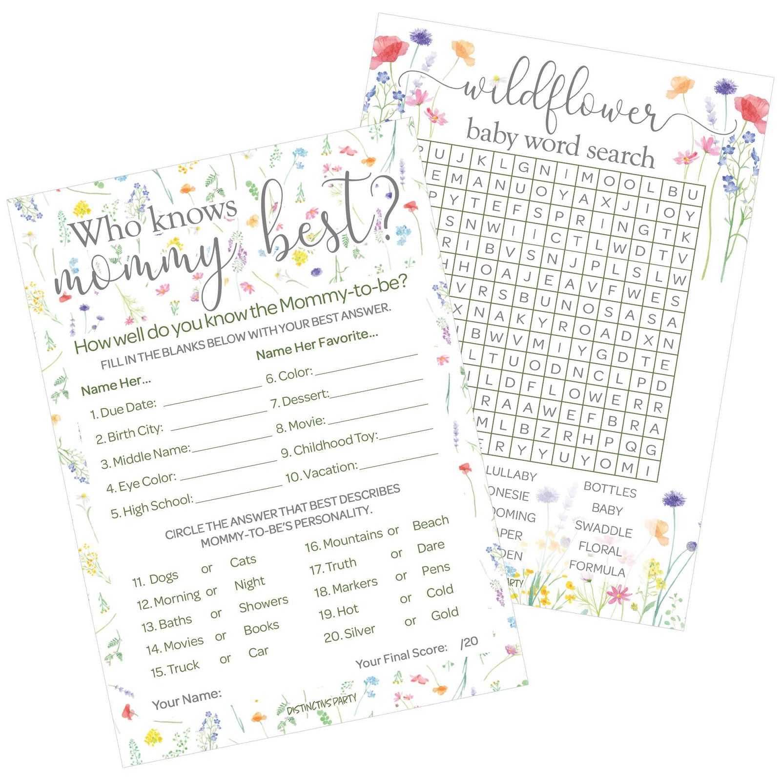 Little Wildflower: Who Knows Mommy Best and Word Search Baby Shower - Two Game Bundle - Girl, Spring - 20 Dual-Sided Game Cards - Distinctivs Party