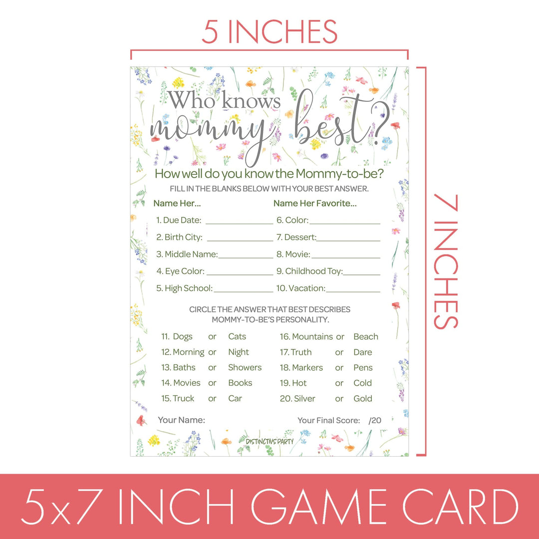 Little Wildflower: Who Knows Mommy Best and Word Search Baby Shower - Two Game Bundle - Girl, Spring - 20 Dual-Sided Game Cards - Distinctivs Party