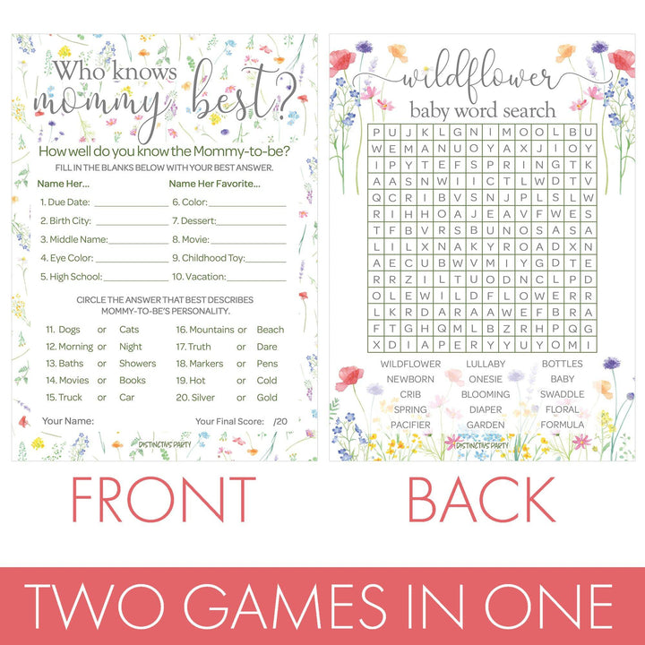 Little Wildflower: Who Knows Mommy Best and Word Search Baby Shower - Two Game Bundle - Girl, Spring - 20 Dual-Sided Game Cards - Distinctivs Party