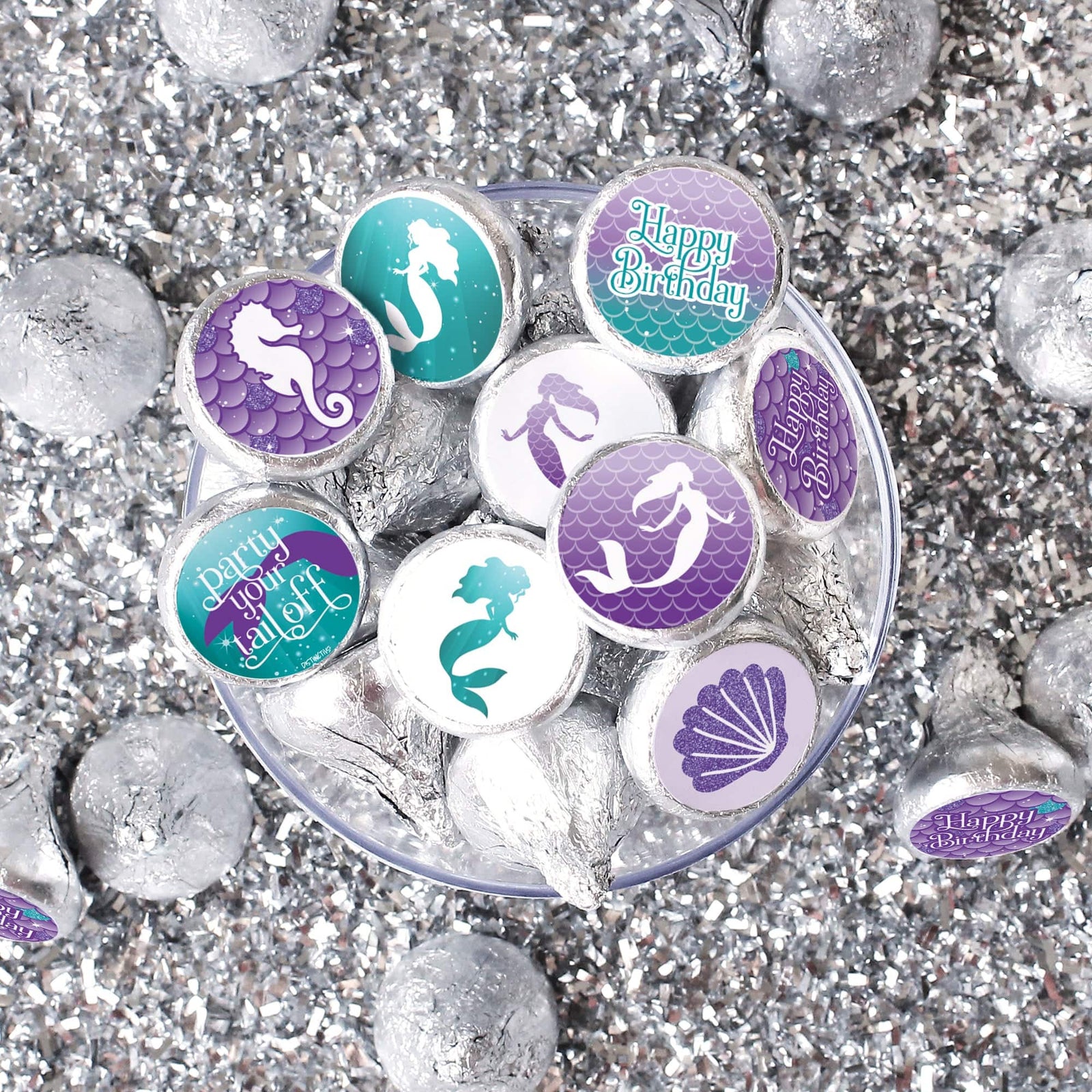 Mermaid: Party Your Tail Off - Kid's Birthday -   Round Candy Sticker Favors - Labels Fit Hershey's Kisses - 180 Stickers - Distinctivs Party