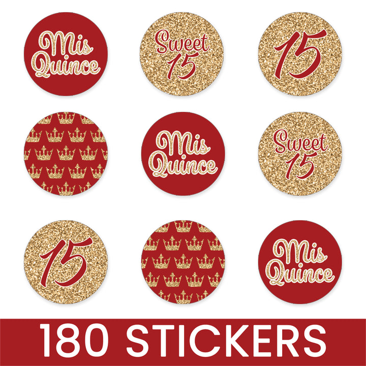 Quinceañera: Red & Gold - Sparkling Mis Quince 15th Birthday - Party Favor Stickers - Fits on Chocolate Kisses - 180 Stickers