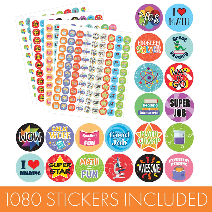 Motivational Teacher Reward Stickers for Students: Variety Pack (1,080 Stickers)