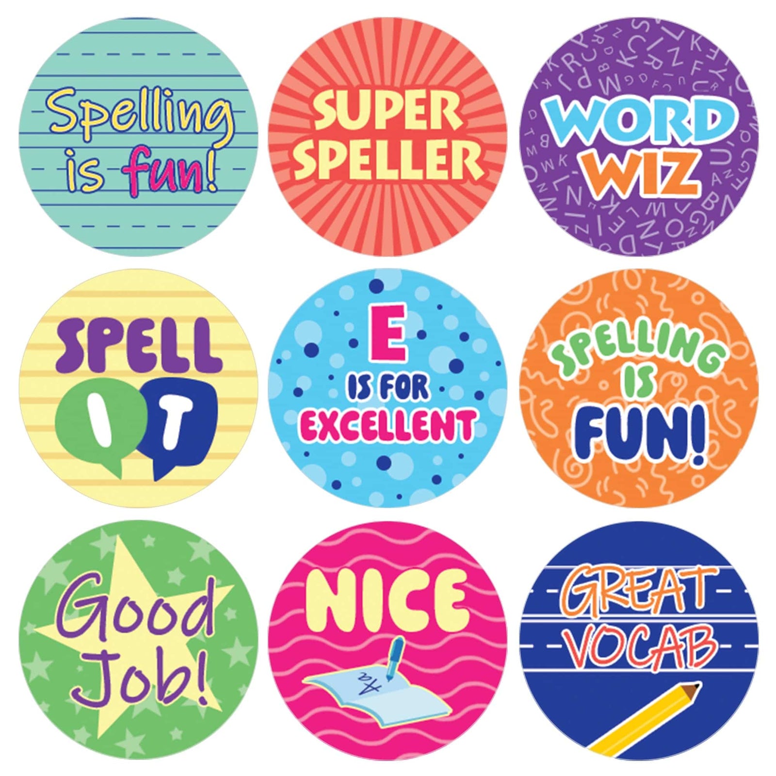 Motivational Teacher Reward Stickers for Students: Vocab & Spelling (1,080 Stickers) - Distinctivs Party