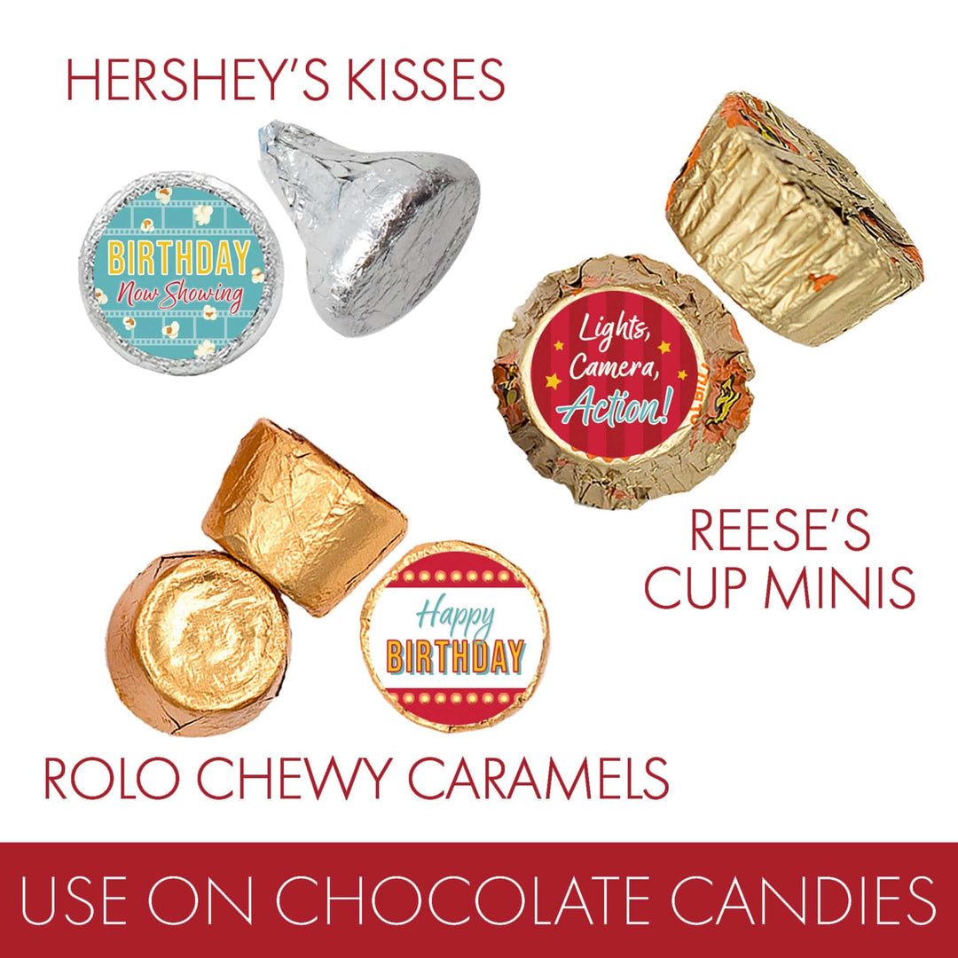 Movie Night: Kid's Birthday - Party Favor Stickers- Fits on Hershey's Kisses - 180 Stickers