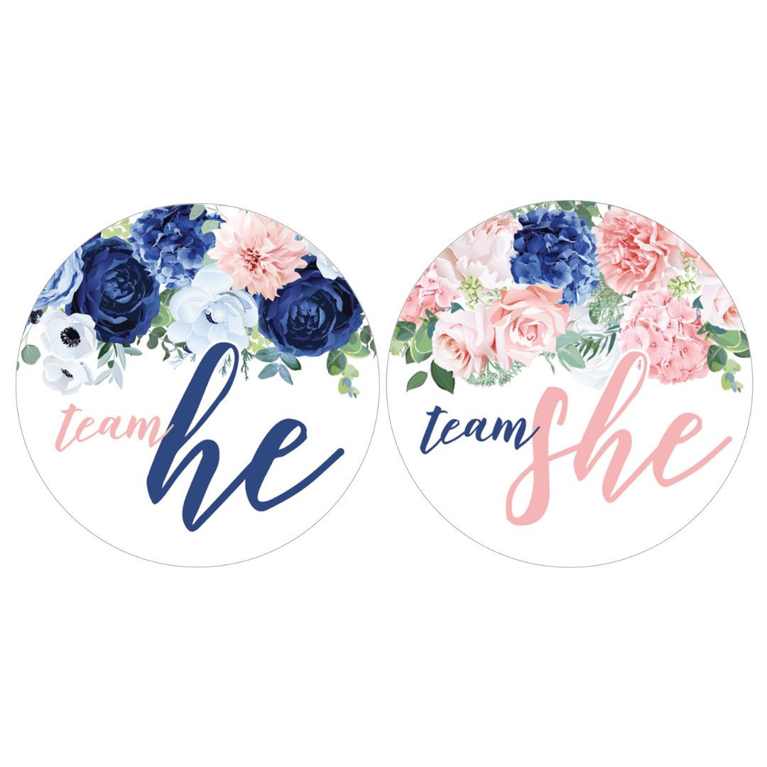 Navy & Blush Floral: Gender Reveal Party -Team He or Team She - 40 Stickers - Distinctivs Party