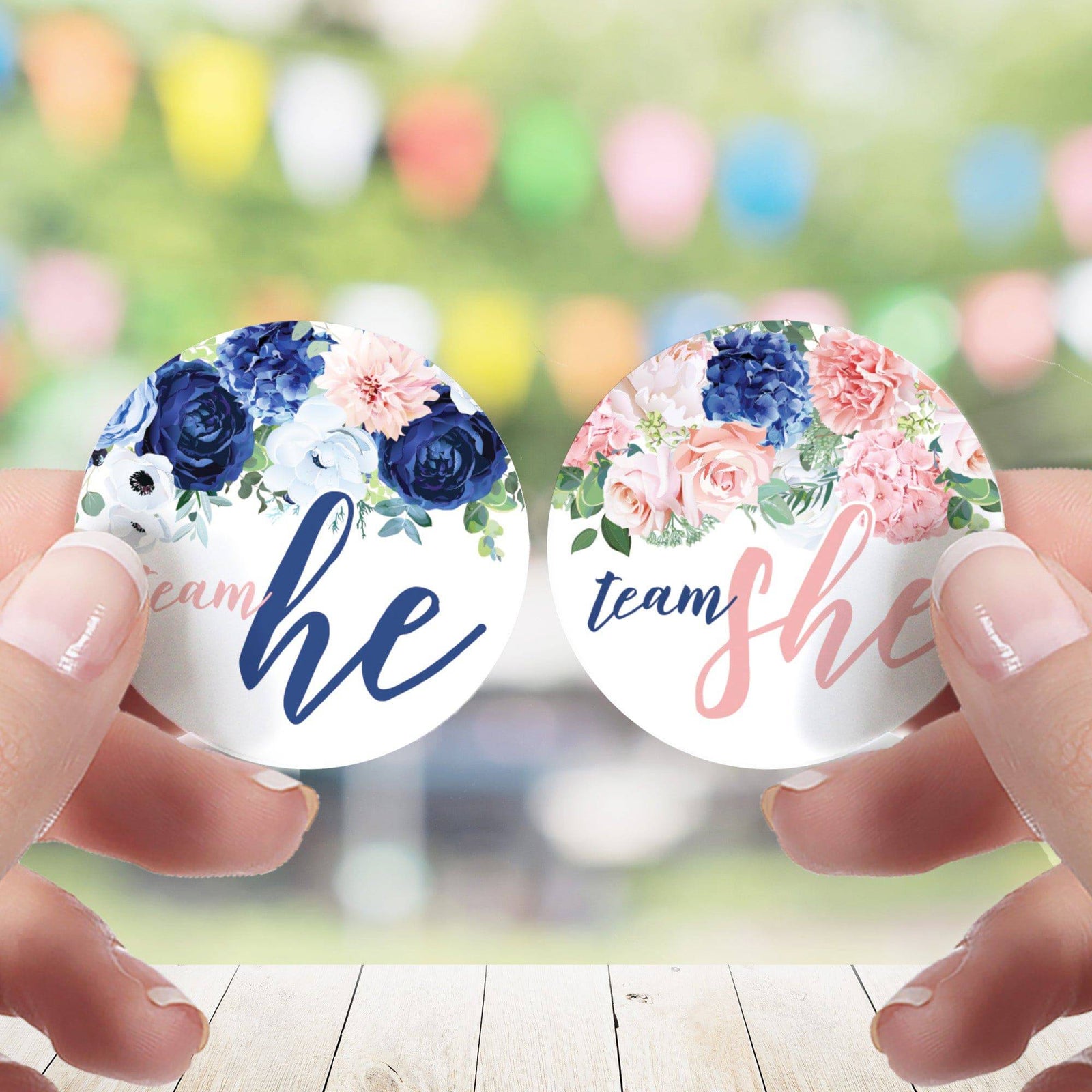 Navy & Blush Floral: Gender Reveal Party -Team He or Team She - 40 Stickers - Distinctivs Party