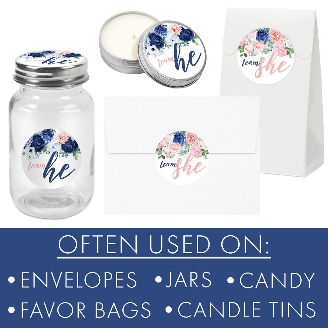 Navy & Blush Floral: Gender Reveal Party -Team He or Team She - 40 Stickers - Distinctivs Party