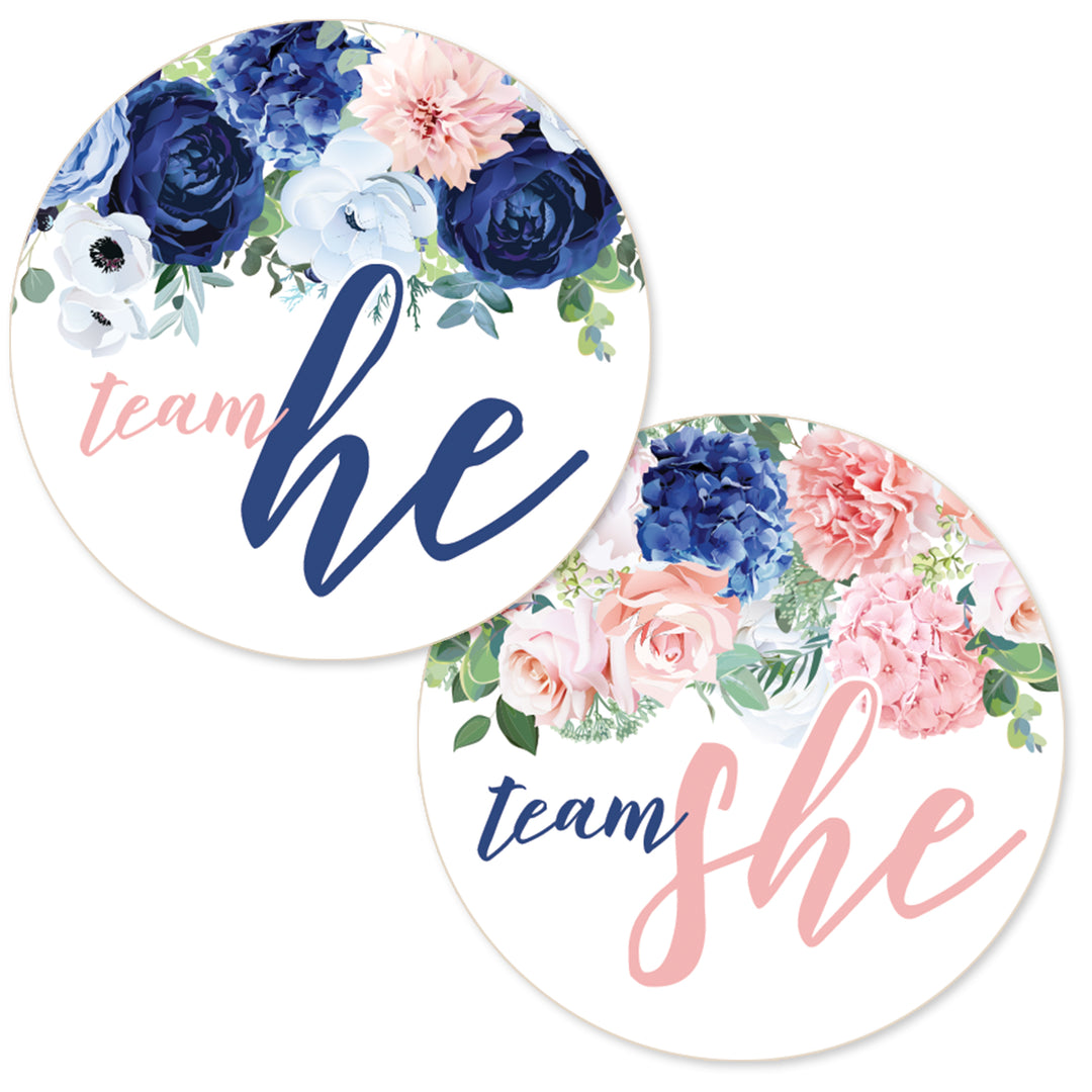 Navy & Blush Floral: Gender Reveal Party -Team He or Team She - 40 Stickers