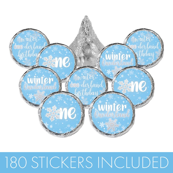 Onederland Snowflake: Azul - Primer cumpleaños de invierno - Pegatinas de recuerdo - Se adapta a Hershey's Kisses - 180 pegatinas