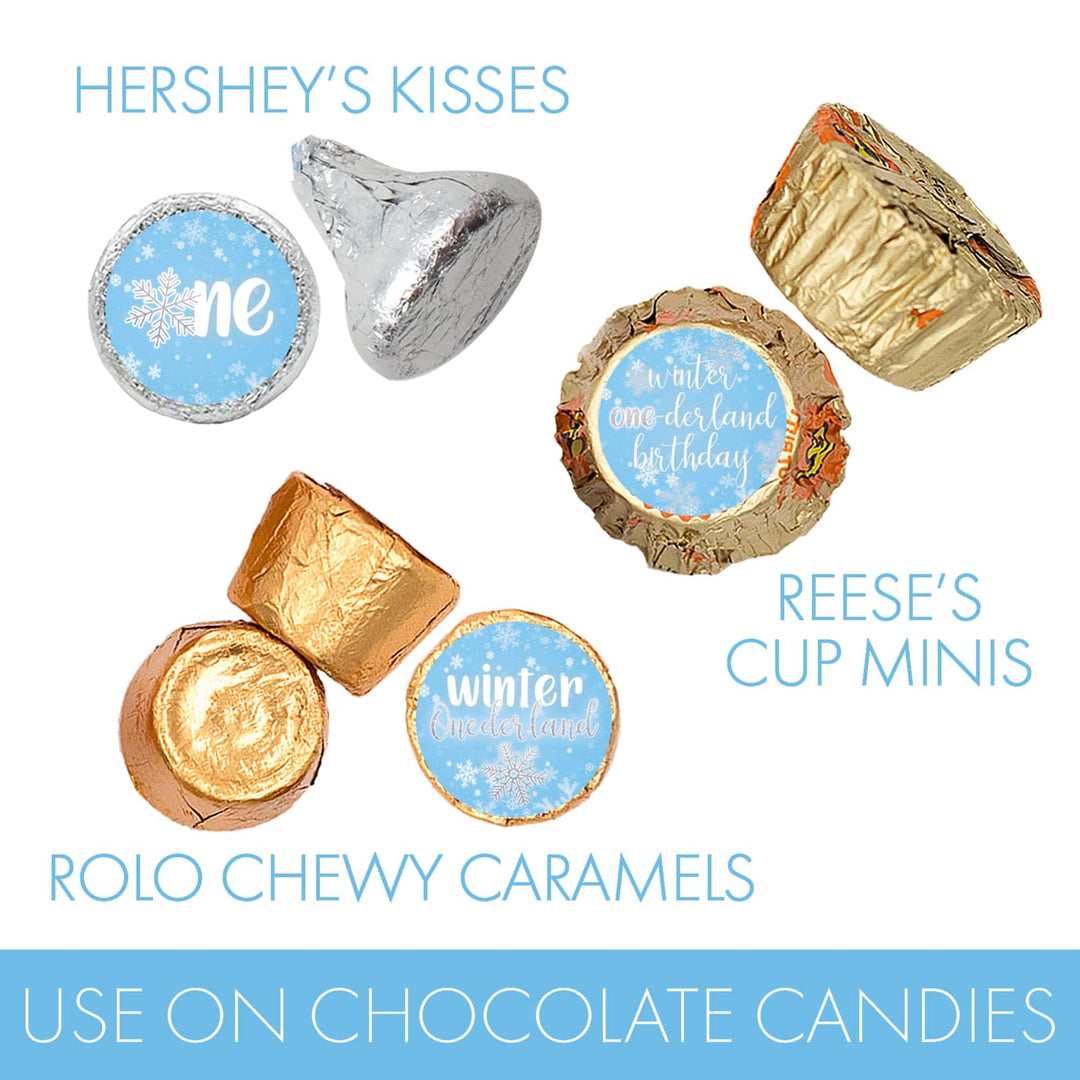 Onederland Snowflake: Blue - Winter First Birthday - Favor Stickers - Fits on Hershey's Kisses - 180 Stickers - Distinctivs Party
