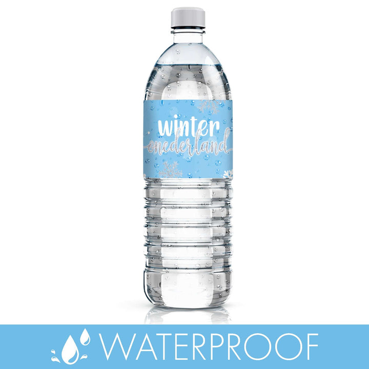 Onederland Snowflake: Blue - Winter First Birthday - Water Bottle Labels - 24 Waterproof Stickers - Distinctivs Party