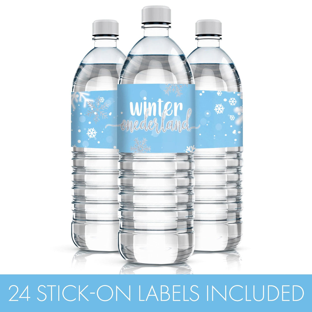 Onederland Snowflake: Blue - Winter First Birthday - Water Bottle Labels - 24 Waterproof Stickers - Distinctivs Party