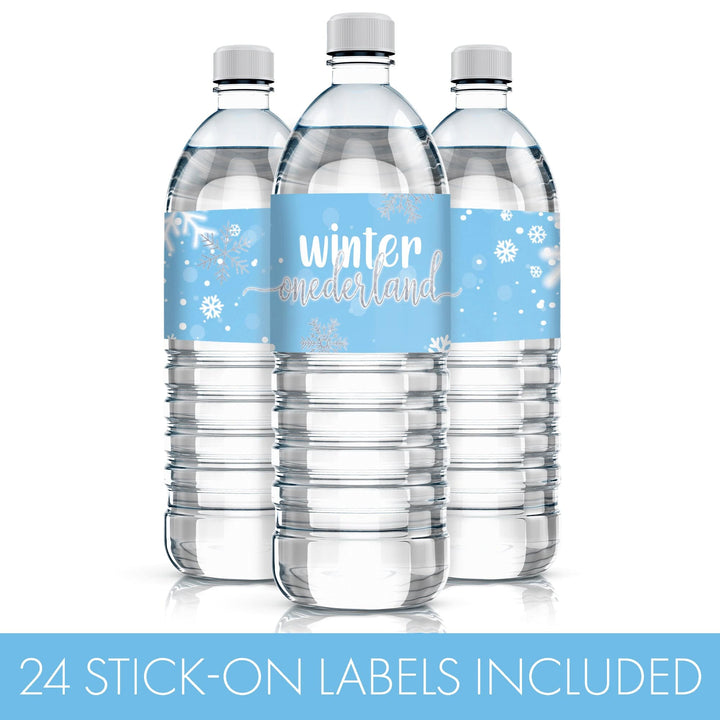 Onederland Snowflake: Blue - Winter First Birthday - Water Bottle Labels - 24 Waterproof Stickers - Distinctivs Party