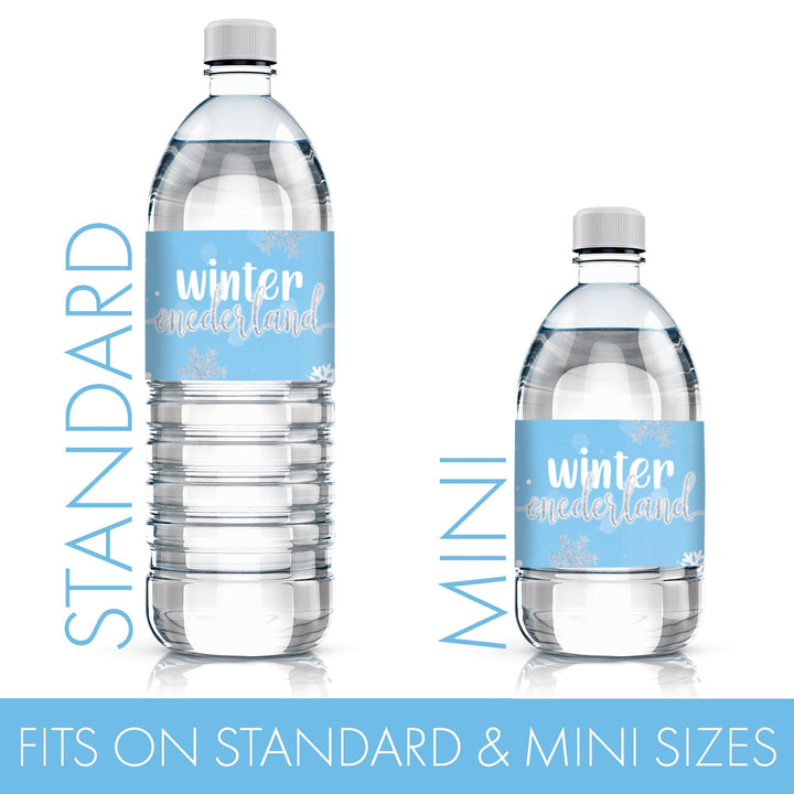 Onederland Snowflake: Blue - Winter First Birthday - Water Bottle Labels - 24 Waterproof Stickers - Distinctivs Party
