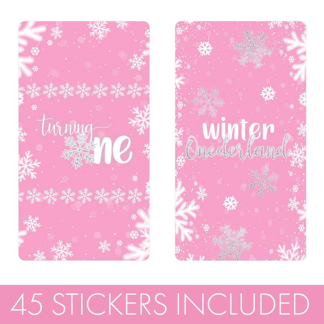 Onederland Snowflake: Pink - Winter First Birthday - Hershey's Miniatures Candy Bar Wrappers - 45 Stickers - Distinctivs Party