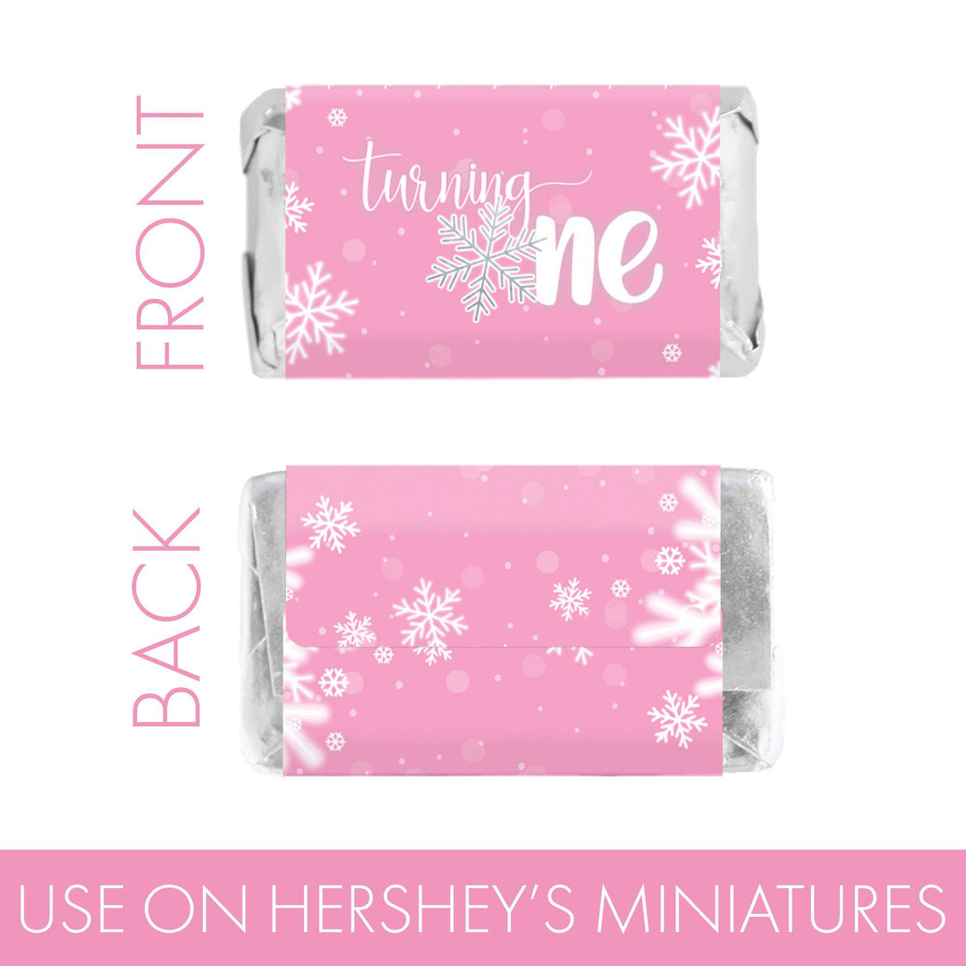 Onederland Snowflake: Pink - Primer cumpleaños de invierno - Envoltorios para barra de dulces en miniatura de Hershey's - 45 pegatinas