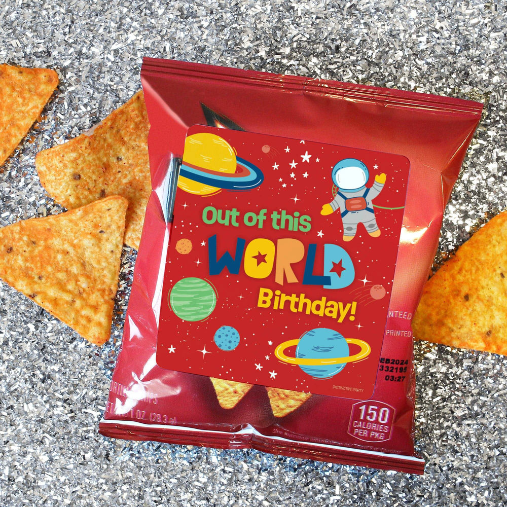 Outer Space Birthday: Popcorn, Chip Bag, and Snack Bag Stickers - 32 Stickers - Distinctivs Party