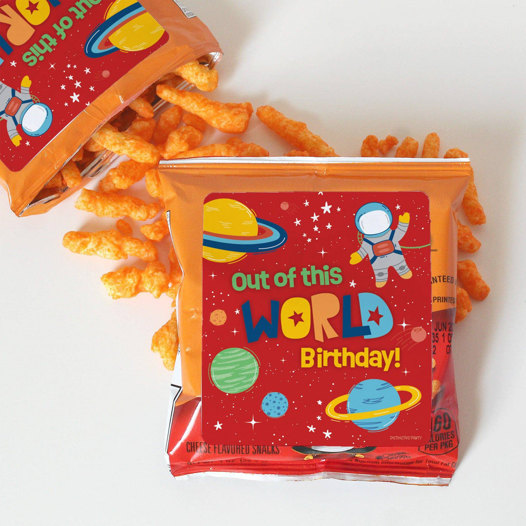 Outer Space Birthday: Popcorn, Chip Bag, and Snack Bag Stickers - 32 Stickers