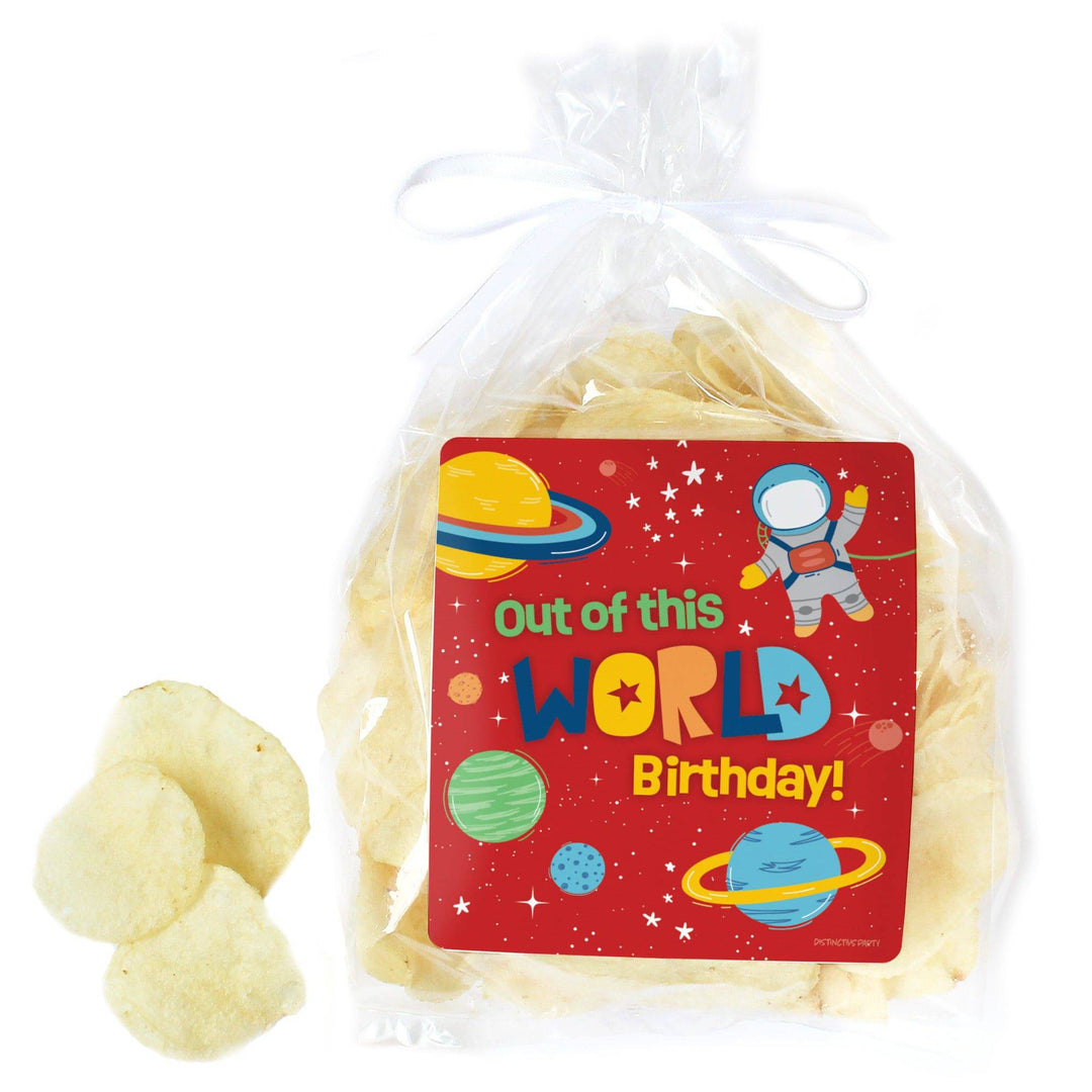 Outer Space Birthday: Popcorn, Chip Bag, and Snack Bag Stickers - 32 Stickers