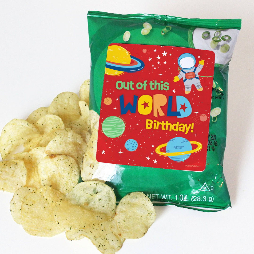 Outer Space Birthday: Popcorn, Chip Bag, and Snack Bag Stickers - 32 Stickers