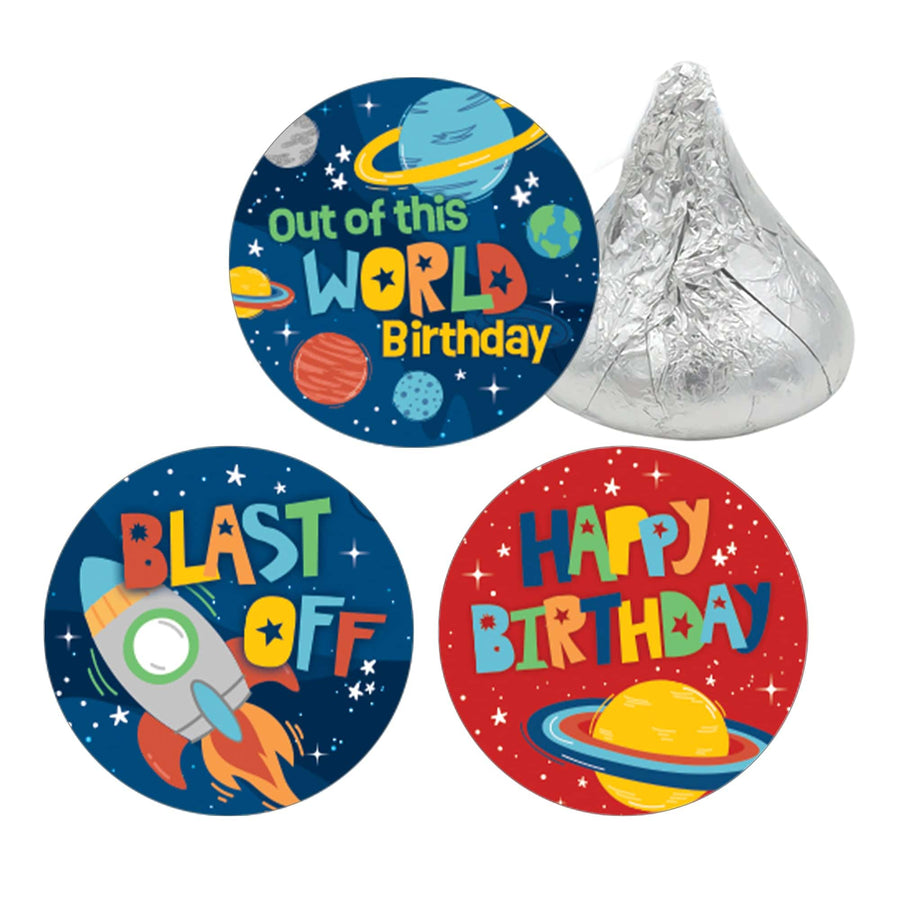 Outer Space: Kid's Birthday - Favor Stickers Fits on Hershey's Kisses - 180 Stickers - Distinctivs Party