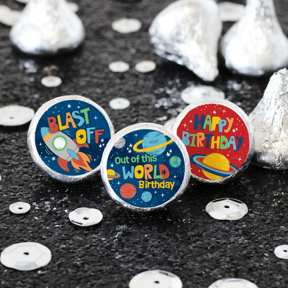 Outer Space: Kid's Birthday - Favor Stickers Fits on Hershey's Kisses - 180 Stickers - Distinctivs Party