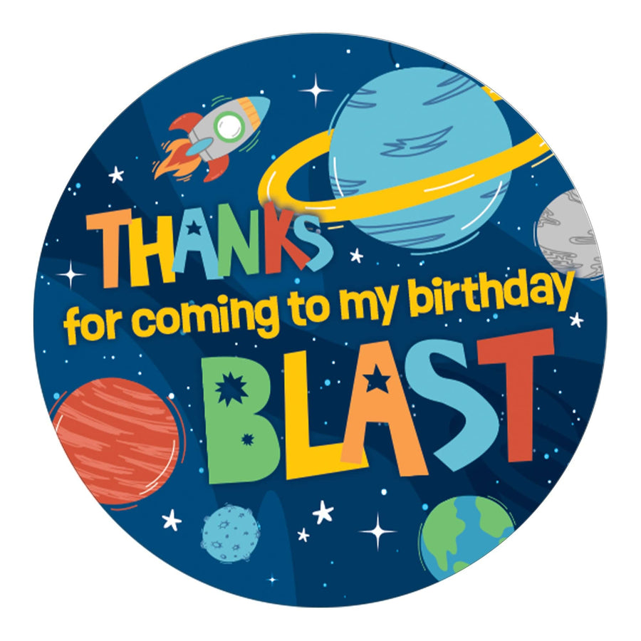 Outer Space: Kid's Birthday Party: Circle Label Stickers, Thank You - 40 Stickers - Distinctivs Party