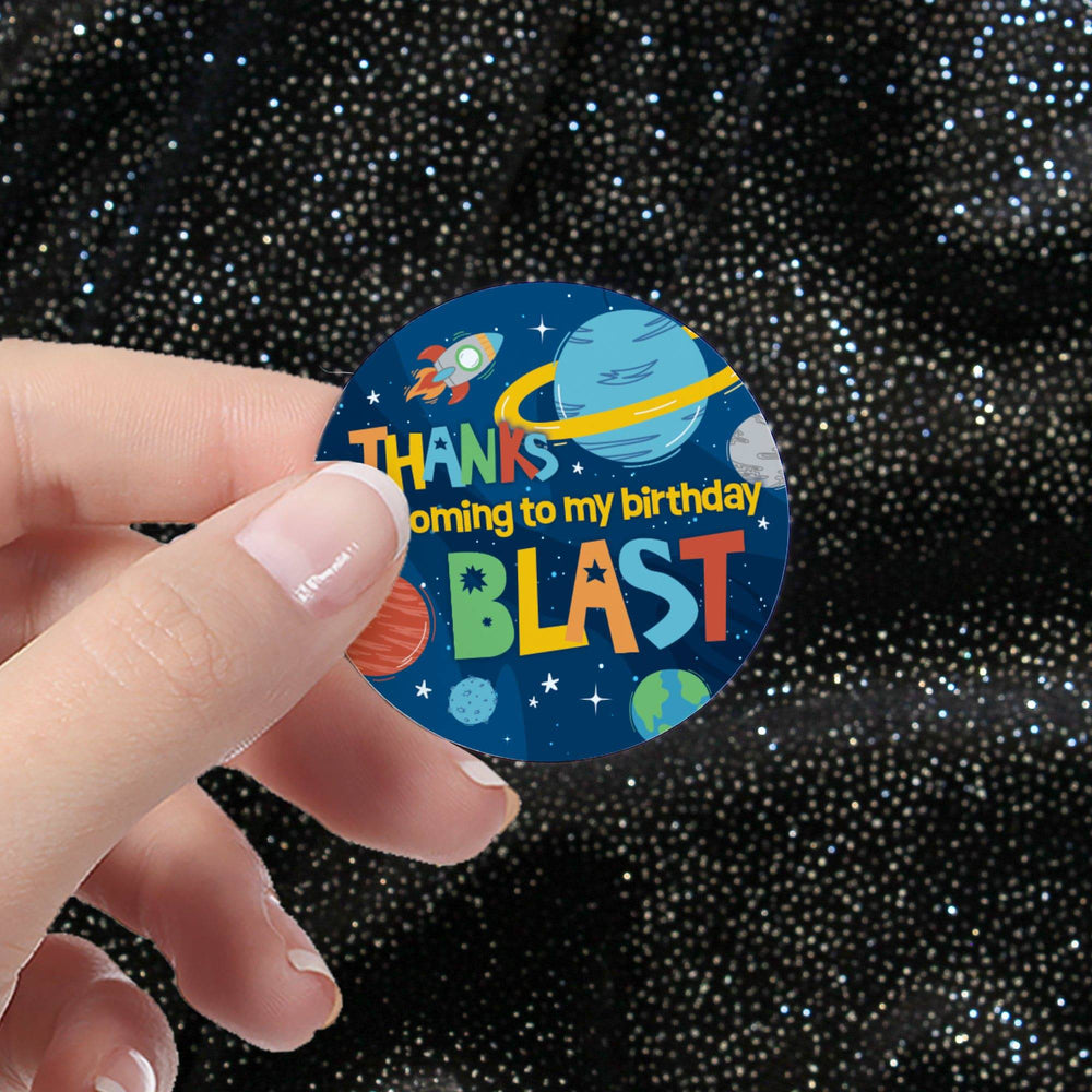 Outer Space: Kid's Birthday Party: Circle Label Stickers, Thank You - 40 Stickers - Distinctivs Party