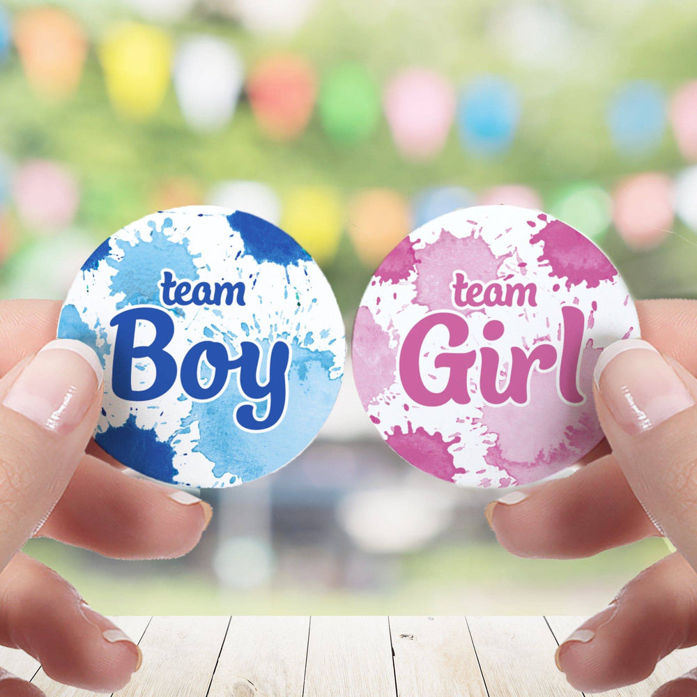 Paint Splatter: Gender Reveal Party - Team Boy or Team Girl - 40 Stickers - Distinctivs Party